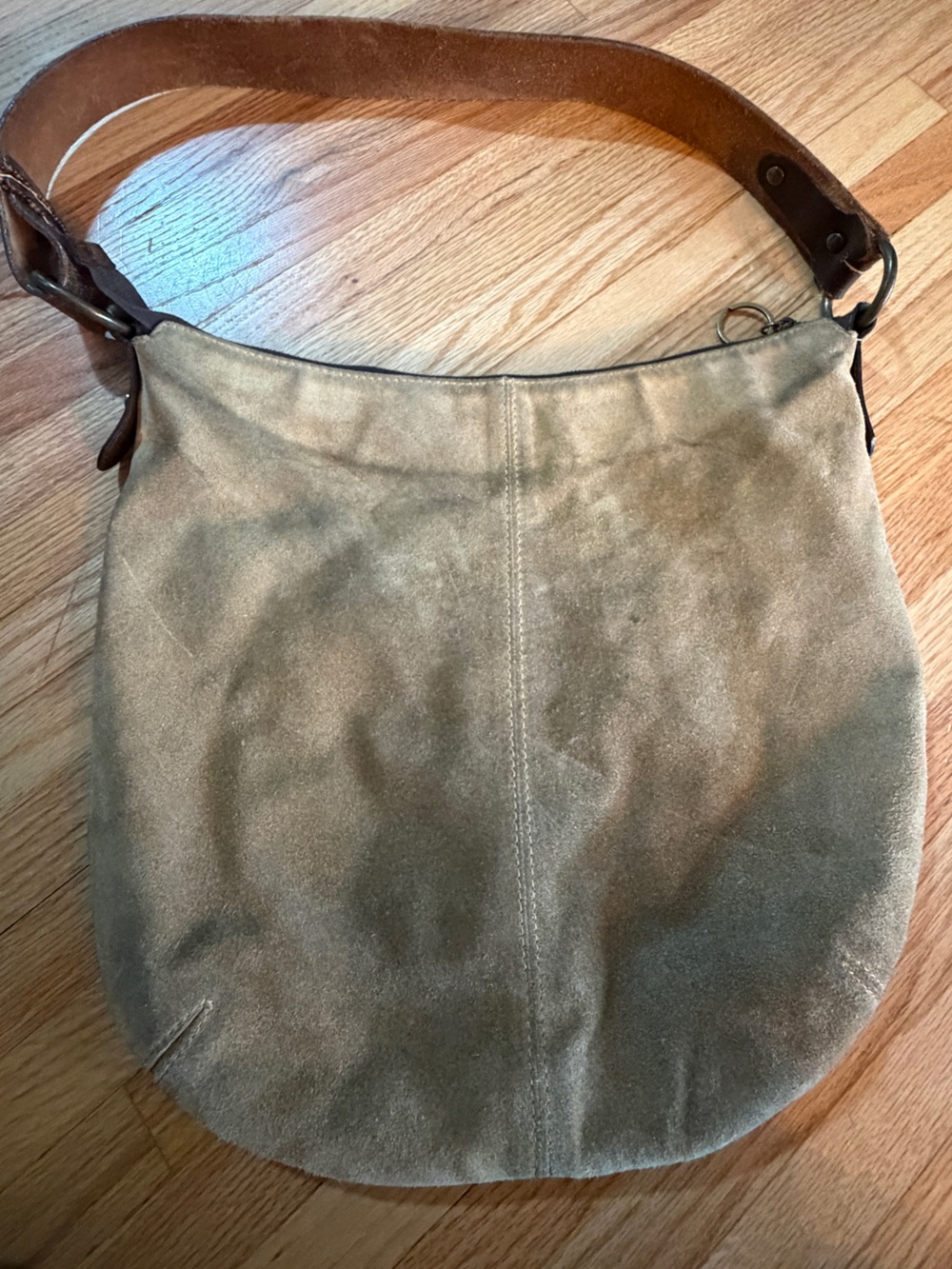 Sundance Suede Shoulder Bag in Taupe with Brown Leather Strap